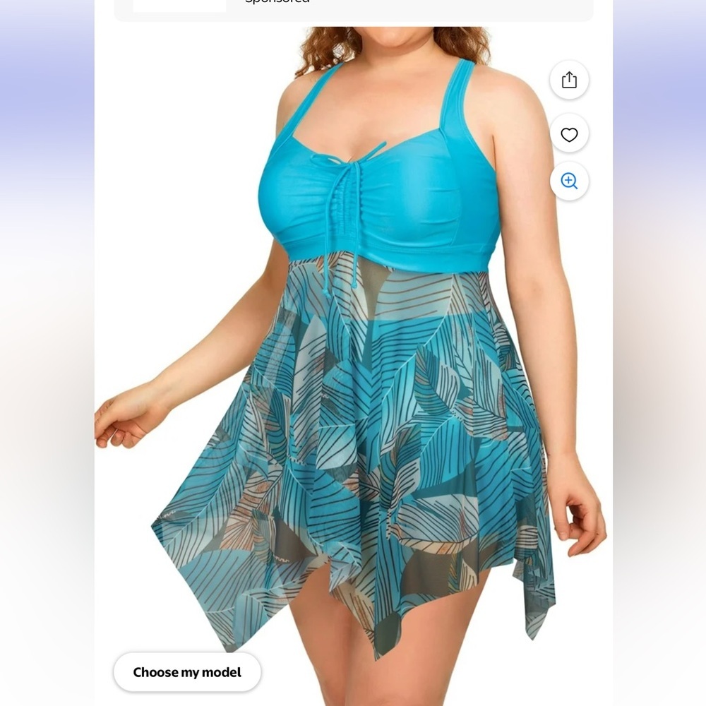 Plus Size V Neck Swimsuit Sexy Mesh Tankini with Boyshorts Tummy Control